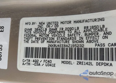 2010 Toyota Corolla Le z USA, uszkodzony, nr VIN 1NXBU4EE8AZ195232